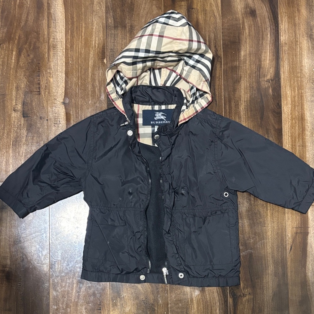 Burberry Kids Black Raincoat with Checkered Hood